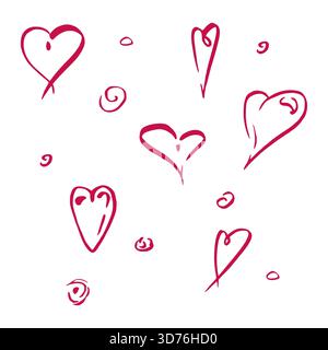 Cuori di schizzo a inchiostro e piccole forme circolari a spirale, scarabocchi espressivi. Illustrazione dei singoli elementi vettoriali. Valentine stampabile, romantico Illustrazione Vettoriale