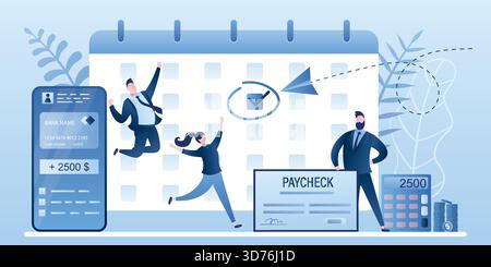 Calendario con data del giorno di paga. Capo che detiene l'assegno. Dipendenti felici che ricevono uno stipendio. Smartphone con app bancaria e pagamento ricevuto sullo schermo. Affari Illustrazione Vettoriale