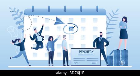 Il capo e il contabile pagano gli stipendi ai dipendenti. Calendario dei giorni di paga, calcolatrice e uomo d'affari con stipendio. Lavoratori felici che ottengono lo stipendio. Buffo busin Illustrazione Vettoriale