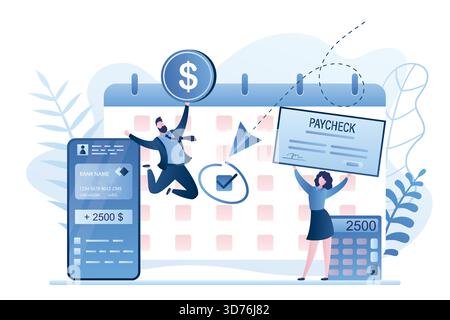 Calendario con giorno di paga, calcolatore e personale aziendale che detiene stipendi e monete. I dipendenti ricevono lo stipendio. Telefono cellulare con app bancaria. Divertente business ch Illustrazione Vettoriale