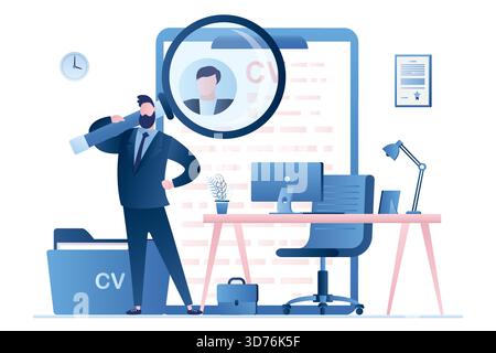 Ambiente di lavoro moderno, uomo d'affari o specialista delle risorse umane con lente d'ingrandimento. Ufficio dell'agenzia di reclutamento. Colloquio di lavoro, processo di lavoro, scelta del candidato Illustrazione Vettoriale
