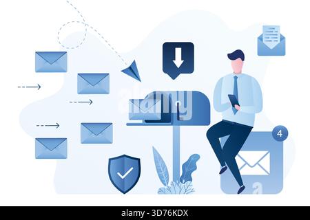 Un uomo d'affari legge la posta sullo smartphone. E riceve lettere. Bel dipendente maschio riceve e-mail. Concetto di marketing digitale. Sicuro e veloce m Illustrazione Vettoriale