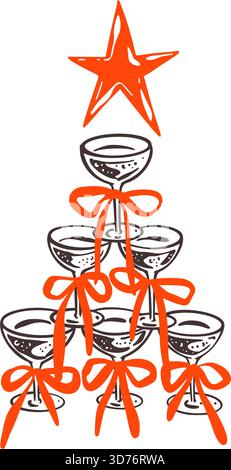 Torre in vetro di champagne disegnata a mano con archi natalizi e stella rossa. Illustrazione a doodle d'epoca per un cocktail party di festa Illustrazione Vettoriale