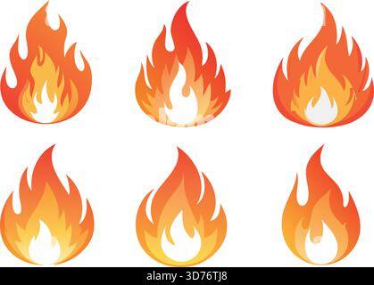 Set vettoriale fiamme di fuoco – icone di fiamme bruciate in rosso e giallo per calore, energia, pericolo, avvertimento, fuoco da campo, temperatura calda e grafica di emergenza Illustrazione Vettoriale