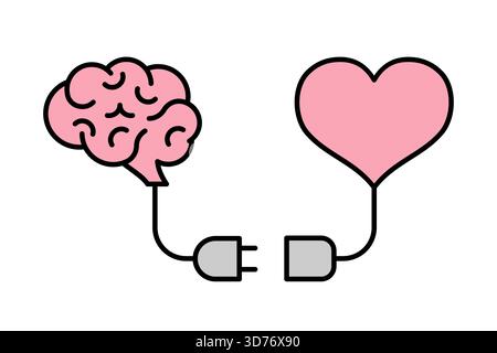 Connessione cervello e cuore tramite cavi a spina. Armonia di mente e sentimenti, intelligenza emotiva, equilibrio decisionale. Logica e amore concetto di disconnessione. Illustrazione Vettoriale