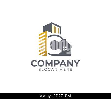 Moderno modello di logo immobiliare con alfabeto e concetto vettoriale dell'edificio Illustrazione Vettoriale