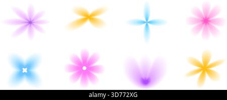 Figure icona gradiente fiori semplici y2k. Sfumatura aura forme floreali. Semplici forme trasparenti a margherita iridescenti. Fusione vettoriale uniforme dissolta Illustrazione Vettoriale