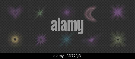 Forme sfumature sfumature granulosità. Cuore punteggiato, stelle e elementi floreali. Forme Y2K alla moda con effetti mezzitoni e vivaci icone geometriche. Illustrazione Vettoriale