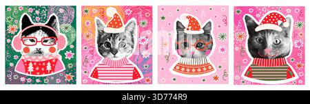 Divertenti biglietti di auguri vettoriali colorati, poster con simpatici gatti divertenti con brutti maglioni natalizi, collage mezzitoni Illustrazione Vettoriale