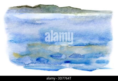 Tranquilla scena di lago ad acquerello dipinta con strati di blu e verde. I riflessi morbidi e la distanza nebbiosa catturano l'atmosfera tranquilla di un nordico Foto Stock