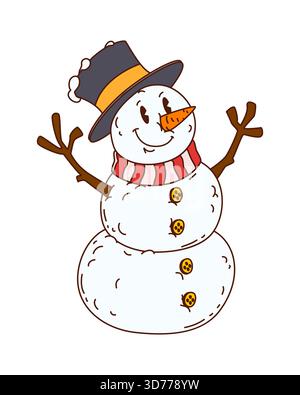 Il vivace personaggio di pupazzo di neve natalizio indossa sciarpa rossa e bianca a righe e cappello da bocciatore. Funky pupazzo di neve con naso di carota e sorriso felice con jolly Express Illustrazione Vettoriale