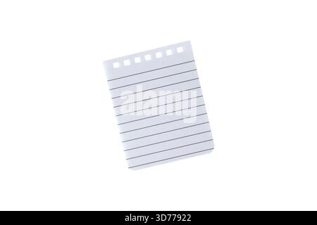 Pagina per blocco note singola con fori di perforazione superiori isolati su sfondo bianco. Pulizia dell'elemento di cancelleria per modelli, pianificazione, formazione e di Foto Stock