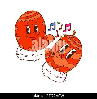 Il Natale rétro avvolge i personaggi con volti sorridenti e note musicali colorate. Simpatici guanti per le vacanze invernali mascotte con cartoni animati anni '70 Illustrazione Vettoriale