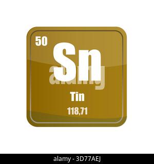 Piastrella in stagno per elementi chimici. Atomico numero cinquanta. Icona vettore segno SN. Forma quadrata marrone oro. Illustrazione Vettoriale