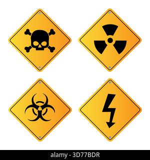 Icona del segnale di pericolo. Set pericolo giallo. Segnali biologici di radiazione del cranio. Progettazione vettoriale. Illustrazione Vettoriale