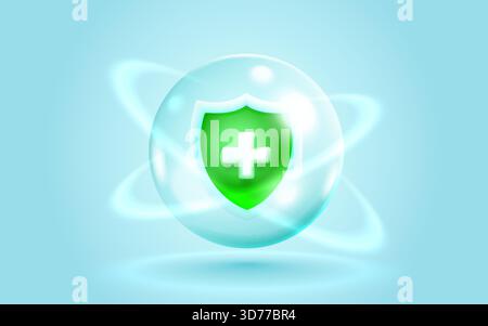 Concetto di immunità o protezione della salute con uno scudo e un'icona medica croce all'interno di una sfera luminosa. Illustrazione vettoriale Illustrazione Vettoriale