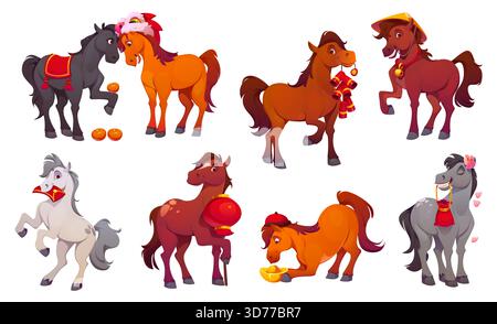 Personaggi dei cartoni animati, animale lunare cinese del capodanno con accessori festivi, lanterna, monete, frutti d'arancia, busta dei soldi, lingotto d'oro e traditore Illustrazione Vettoriale