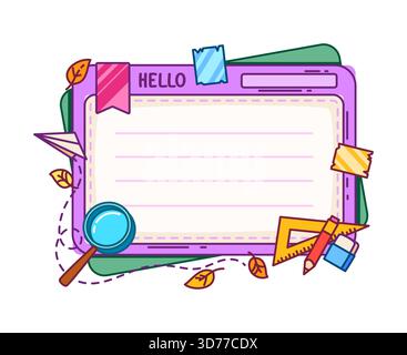 Cartoleria scolastica per bambini, cornice per appunti. Strumenti di apprendimento vettoriale per la pianificazione delle classi adesivo, cornice di album. Pianifica memo educativo per bambini, nota wi Illustrazione Vettoriale