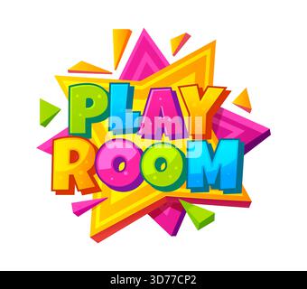 Icona o etichetta colorata della zona giochi per bambini. Area giochi per bambini etichetta isolata o adesivo, icona vettoriale cartoni animati sala feste per bambini. Banner o labbra per il parco divertimenti Illustrazione Vettoriale