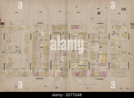 Jersey City, V. 4, Double Page Plate No. 28 Mappa delimitata da Summit Ave., Charles St., Central Ave., Waller St., emessa nel 1873 da Spielmann & Brush, Hoboken, N.J. questa mappa si concentra sull'assicurazione antincendio a Jersey City, New Jersey Foto Stock