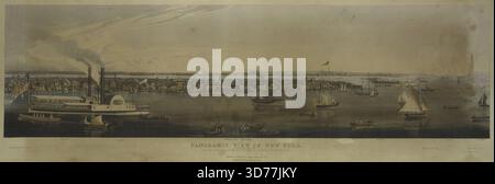 Vista panoramica di New York, presa da North River, 1844. Creato da Robert Havell (1793-1878) e William A. Colman. Questa stampa misura 30,4 x 87,8 cm ed è un acquatinta a colori, raffigurante il porto di New York durante il XIX secolo Foto Stock
