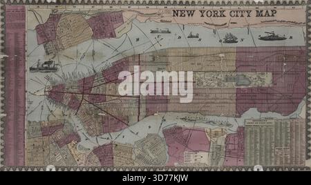 Mappa di New York creata da Humphrey Phelps nel XIX secolo, specificamente datata 1857. La mappa, che misura 38 x 66 cm su un foglio di 43 x 74 cm, include varie caratteristiche geografiche e politiche come divisioni amministrative, distretti antincendio, ferrovie, traghetti e moli a New York, Jersey City e Hoboken. È stato pubblicato da H. Phelps a New York Foto Stock