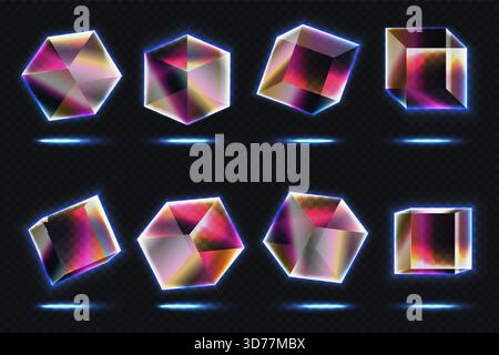 Set di cubi al neon in vetro luminoso con riflessi di luce fredda, blocchi di cristallo trasparente in varie forme geometriche, tecnologia futuristica e illustrazione astratta del vettore di rendering 3d. Illustrazione Vettoriale
