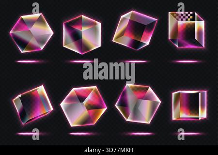 Vivaci cubi al neon di vetro con bordi luminosi e superfici trasparenti, che mostrano forme geometriche futuristiche e riflessi colorati su un'illustrazione vettoriale di sfondo scuro Illustrazione Vettoriale