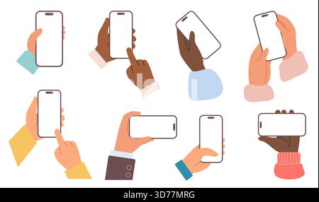 Mani diverse che tengono gli smartphone con schermi vuoti in varie posizioni, ideale per modelli di app, presentazioni o design dell'interfaccia utente, isolato su sfondo bianco illustrazione vettoriale Illustrazione Vettoriale