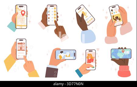 Mani diverse che tengono in mano smartphone che visualizzano mappe, podcast, chat, videochiamate, social media, rappresentando la moderna tecnologia di comunicazione mobile, utilizzare un'illustrazione vettoriale isolata su sfondo bianco Illustrazione Vettoriale