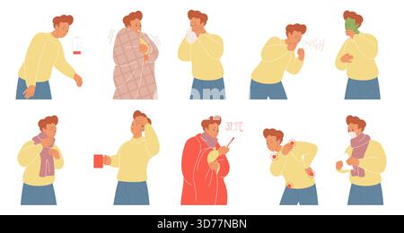 Uomo malato che mostra sintomi di raffreddore e influenza come tosse, starnuti, febbre, mal di testa, mal di gola, stanchezza e brividi, illustrazione vettoriale isolata su sfondo bianco Illustrazione Vettoriale