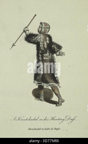 Un Kamtchadal nel suo abito da caccia, illustrato in un'incisione colorata a mano. L'immagine risale al 1757-1772 ed è stata pubblicata a Londra da T. Jefferys. Raffigura l'abbigliamento e l'abbigliamento tradizionali di Kamtchadals, evidenziando gli elementi storici dei costumi dalla Russia durante il XVIII secolo Foto Stock