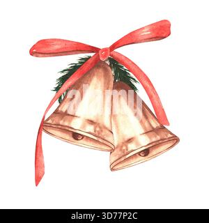Un'illustrazione natalizia ad acquerello disegnata a mano con due campane dorate, rami di abete e un fiocco rosso. Foto Stock