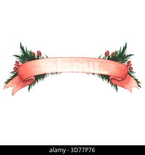 Illustrazione acquerello. Striscione rosso con rami di abete verde e bacche rosse sullo sfondo. Composizione. Striscione con decorazione. Disegnato a mano. Foto Stock
