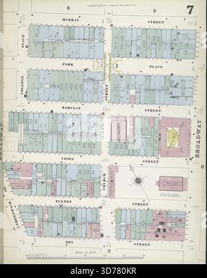 Manhattan, V. 1, targa n. 7, una mappa dell'assicurazione antincendio pubblicata dalla Sanborn Map Company. La mappa è delimitata da Murray St., Broadway, Dey St. E College PL. È stato pubblicato nel 1884 ed è associato alla proprietà immobiliare e al paesaggio urbano di New York City Foto Stock