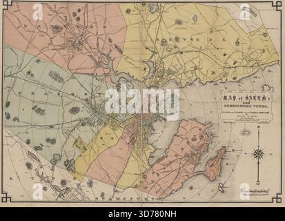 Mappa di Salem e delle città circostanti, pubblicata nel 1884 dall'editore Henry M. Meek. La mappa, colorata a mano, misura 75 x 105 cm su un foglio di 81 x 111 cm. Presenta Salem, Massachusetts, e le città circostanti nella contea di Essex Foto Stock