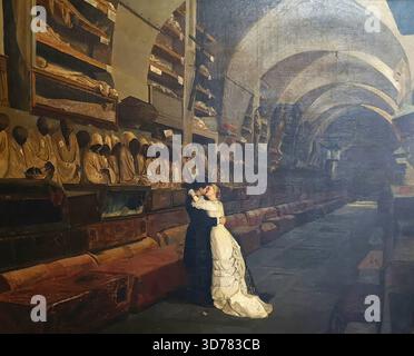 Le Catacombe dei Cappuccini sono un vasto complesso criptato sotto il monastero dei Cappuccini a Palermo e, con le loro mummie naturali, uno dei più famosi luoghi di sepoltura al mondo. Situato in Sicilia, in Italia, il dipinto "amore e morte" di Calcedonio Reina, risalente al 1881, utilizza queste cripte come sfondo e contrasto per una scena d'amore. Questa illustrazione è una riproduzione di un originale del XIX secolo. File autentico ripristinato per un utilizzo ottimale; data esatta dell'originale sconosciuta. Storico." Foto Stock