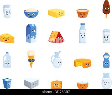 Carini personaggi del diario. Buffo formaggio cartoni animati, confezione di carta da latte. Yogurt e panna acida, cono per waffle gelati, feta greca e burro, vettore sapid Illustrazione Vettoriale