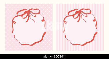 Stravaganti telai retrò disegnati a mano con fiocchi a nastro e strisce ondulate. Bordi decorativi in coquette vintage per l'invito di nozze a tema femminile o. Illustrazione Vettoriale