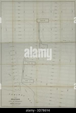 Piano per il drenaggio di una sezione di Brooklyn che dirige l'acqua verso Gowanus Creek and Bay, emesso nel 1848. La mappa è pubblicata dalla City Corporation e include dettagli relativi a Brooklyn, New York, come i sistemi di drenaggio e i canali. È costituito da 1 mappa distribuita su 2 fogli, di 96 x 68 cm in totale, con fogli singoli di 61 x 71 cm e 40 x 71 cm Foto Stock