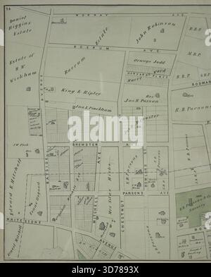 Una mappa intitolata "Part of Flushing", raffigurante la città di Flushing nella contea di Queens, New York. La mappa include varie strade come Boerum Avenue, Brewster Avenue, Parsons Avenue, Sanford Avenue, Jamaica Avenue, Ireland Avenue, Whittier Avenue, Tennyson Avenue e Longfellow Avenue. È stato pubblicato nel 1873 da Beers, Comstock & Cline Foto Stock