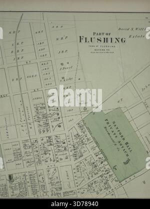 Mappa di una porzione di Flushing, situata nella contea di Queens, New York, pubblicata nel 1873 da Beers, Comstock & Cline. La mappa presenta varie strade, tra cui Boerum Avenue, Brewster Avenue, Parsons Avenue, Sanford Avenue, Jamaica Avenue, Ireland Avenue, Whittier Avenue, Tennyson Avenue e Longfellow Avenue. Fornisce una panoramica geografica della zona durante tale periodo Foto Stock