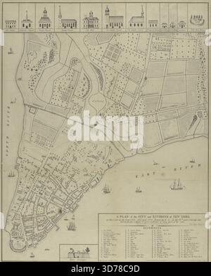 Un piano della città e dei dintorni di New York come erano negli anni 1742-1743 e 1744. Creato nel 1813 e pubblicato nel 1854 dal Common Council di New York. Questa mappa è un facsimile di mappe manoscritte raffiguranti Manhattan e i suoi dintorni. L'estensione della mappa è di 51 x 46 cm Foto Stock