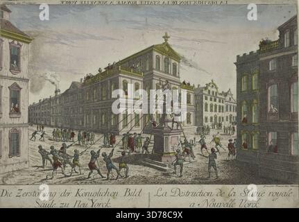 La Destruction de la statue royale à Nouvelle Yorck, Additional, Die Zerstörung der königlichen Bildsäule zu Neu Yorck, 1776, Stati Uniti, storia, Rivoluzione, 1775-1783, Giorgio III, Re di Gran Bretagna, 1738-1820, statue, New York (Stato), New York, 1700-1799, Bowling Green (New York, N.Y.), 1700-1799, incisione, incisione, 1 incisione e incisione, colorata a mano; 28 x 40 cm., un'incisione raffigurante la distruzione di una statua reale a New York nel 1776. La scena mostra una folla impegnata nell'atto di abbattere la statua, con edifici e alberi circostanti. Il lavoro è colorato a mano Foto Stock