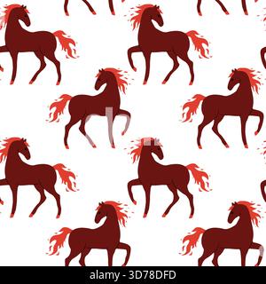 Un design divertente presenta cavalli rossi in varie pose su uno sfondo bianco e pulito. Questo motivo artistico combina eleganza e fantasia, perfetto per te Illustrazione Vettoriale