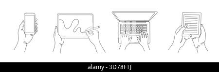 Disegno continuo delle mani con gadget. Mani che usano telefoni, computer portatili e tablet in un'unica linea. Set vettoriale, linea modificabile Illustrazione Vettoriale