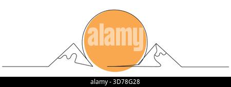 Un disegno a linea continua di un paesaggio di montagna e di un sole in un semplice stile di linea isolato su uno sfondo bianco. Illustrazione vettoriale, linea modificabile Illustrazione Vettoriale