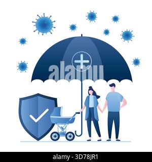Concetto di salute familiare. Felice coppia con passeggino, grande ombrello con croce medica. Protezione da virus e malattie. Scudo di sicurezza, cor Illustrazione Vettoriale