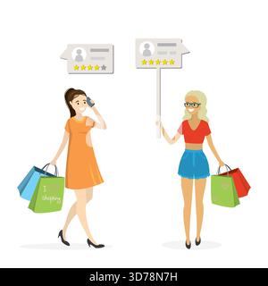 Le donne felici tengono borse della spesa, messaggi con recensioni positive. Testimonianze, feedback dei clienti dopo lo shopping. Classifica clienti. Caratteri femminili isolati Illustrazione Vettoriale
