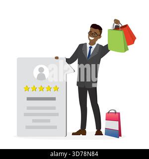 Un uomo d'affari felice tiene le borse della spesa e il messaggio con una recensione positiva. Testimonianze, feedback dei clienti dopo lo shopping. Classifica clienti. Il carattere maschile lo e' Illustrazione Vettoriale